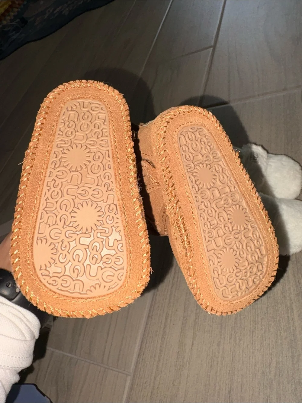 UGG Baby Chestnut Suede Boots & Cream Fuzzy Slippers Set